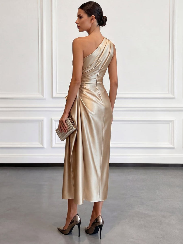 Stylish women's one-shoulder cocktail midi dress with elegant ruching, ideal for wedding guest parties.