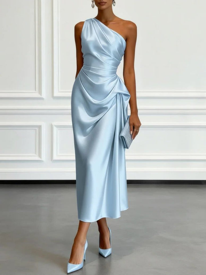 Elegant ruched midi dress for women, featuring a chic one-shoulder design, perfect for formal occasions.