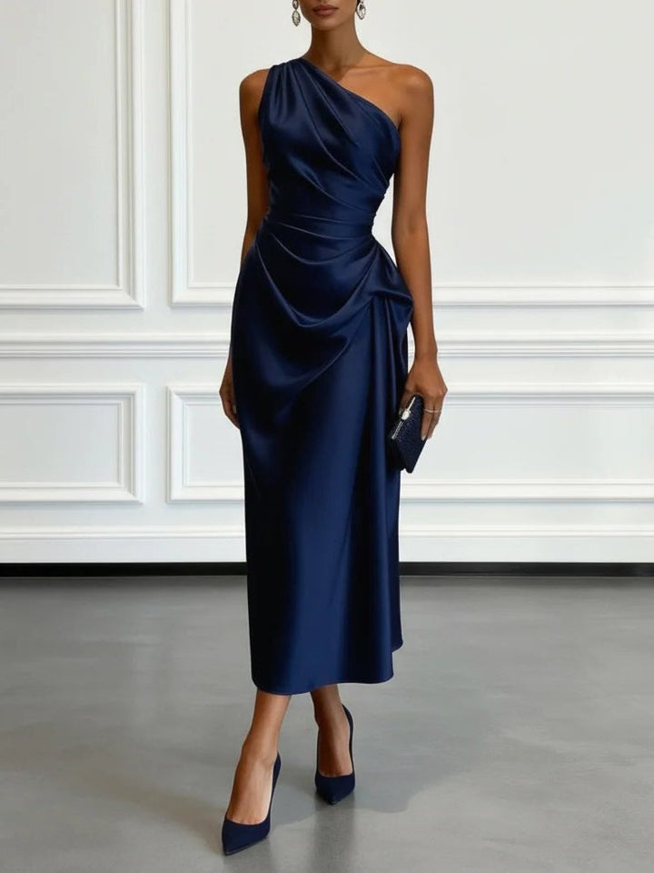 Chic one-shoulder ruched midi dress, a sophisticated formal wear option for women attending special events.