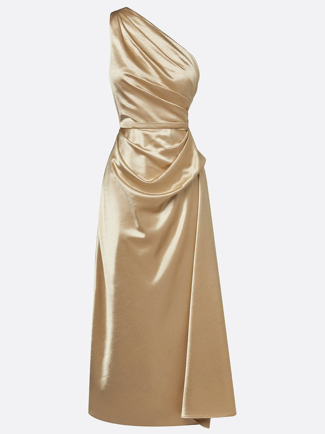 Sophisticated women's cocktail dress with one-shoulder detail and elegant ruching, a perfect midi length.