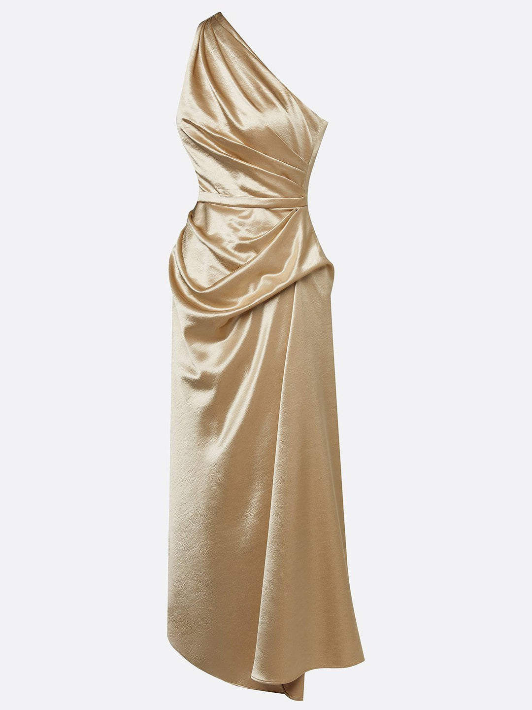 This elegant one-shoulder midi dress, featuring beautiful ruching, is perfect formal wear for women.