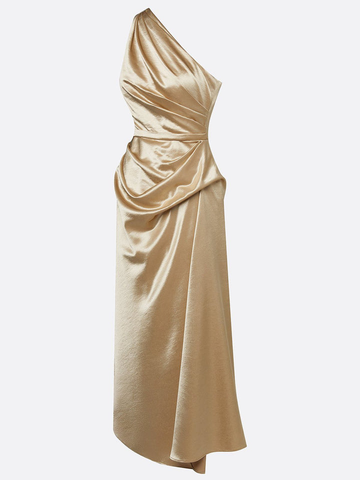 This elegant one-shoulder midi dress, featuring beautiful ruching, is perfect formal wear for women.