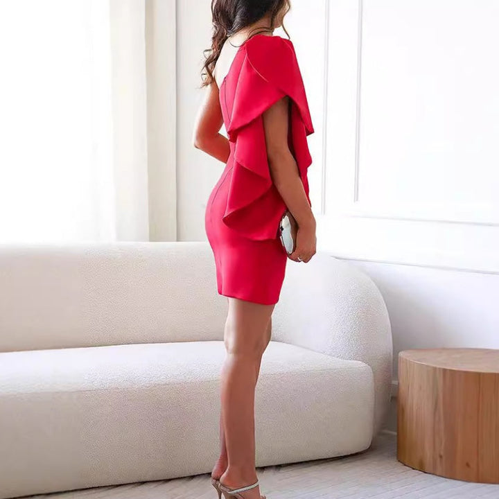 Glamorous one-shoulder ruffle cocktail mini dress for women's sophisticated party wear.