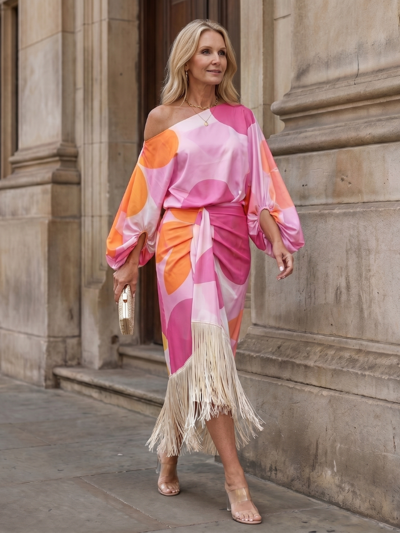 Sophisticated women's party midi dress with a one-shoulder design, wrap front & playful fringe hem.