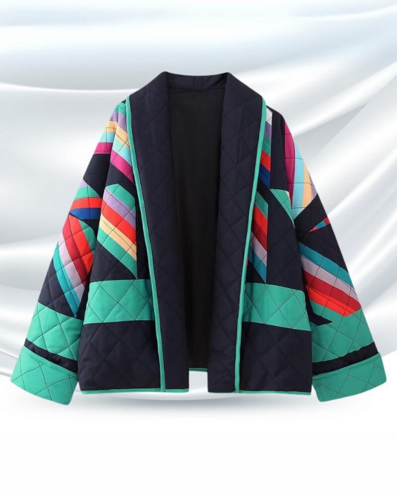 Versatile women's geometric print jacket, a stylish layering piece for a modern, casual chic look.