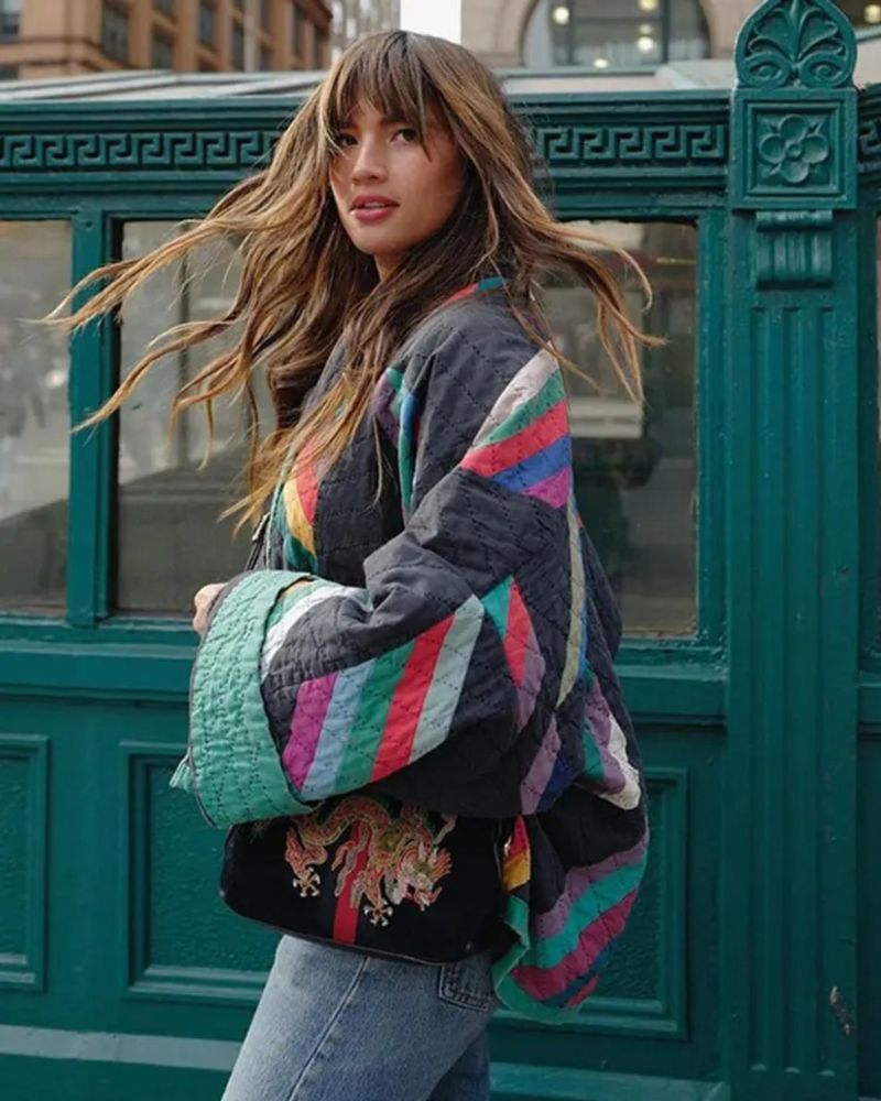 Unique women's geometric print jacket, an open front outerwear piece for a trendy and fashionable statement.