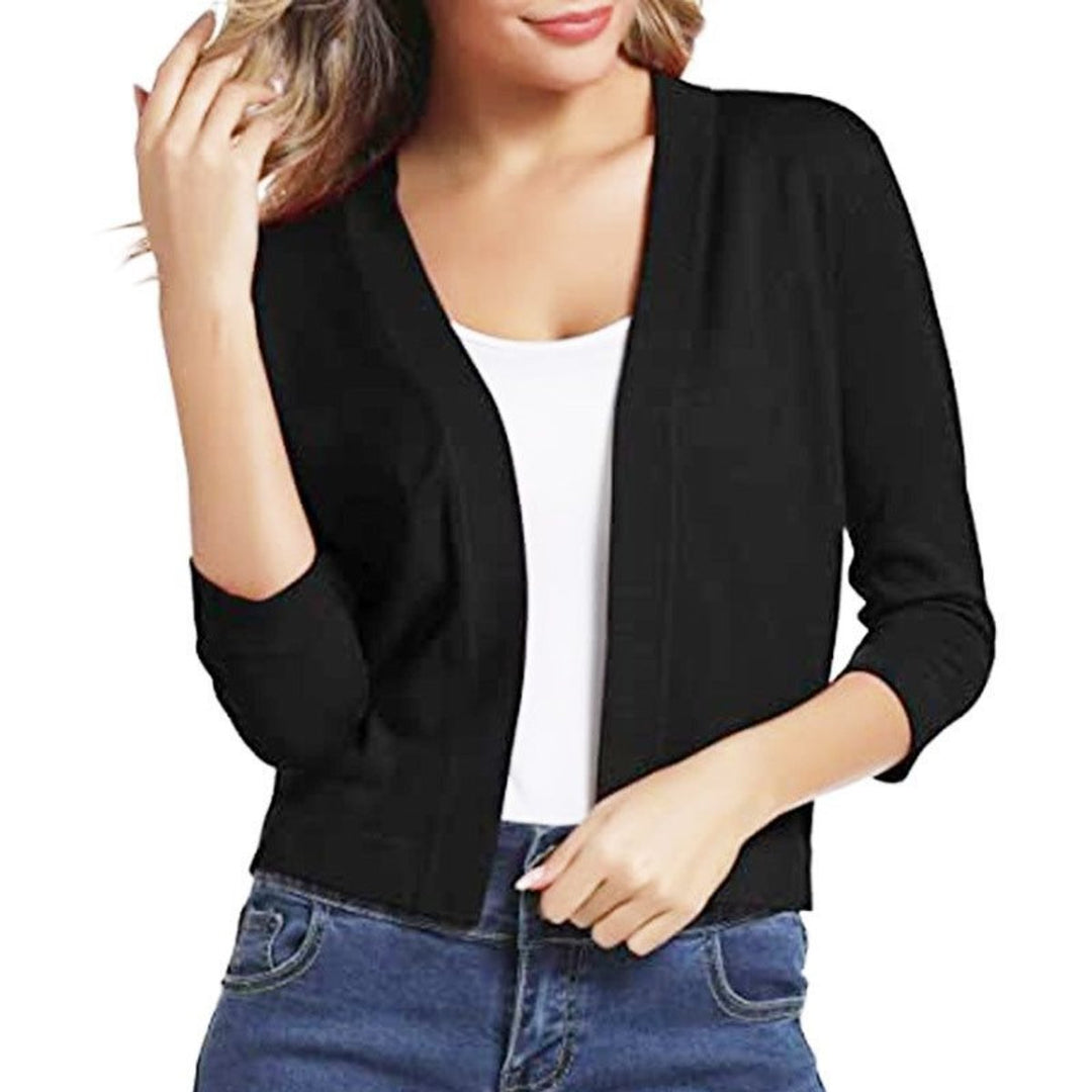 Women's open-front three-quarter sleeve cropped cardigan, versatile for layering.