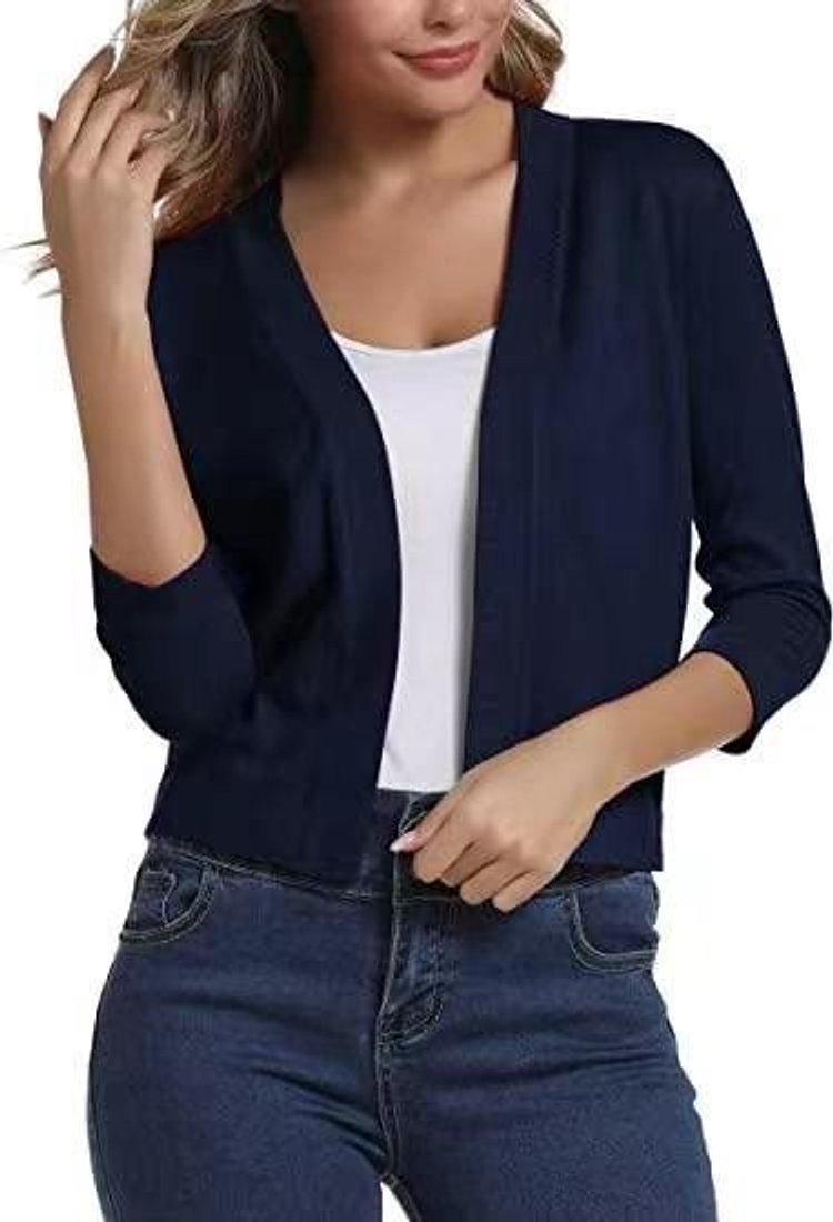 Women's casual open-front cropped cardigan, featuring comfortable three-quarter sleeves.