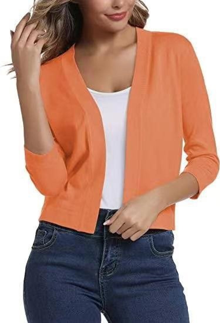 Modern women's cropped cardigan with 3/4 sleeves and open-front style, a versatile fashion piece.