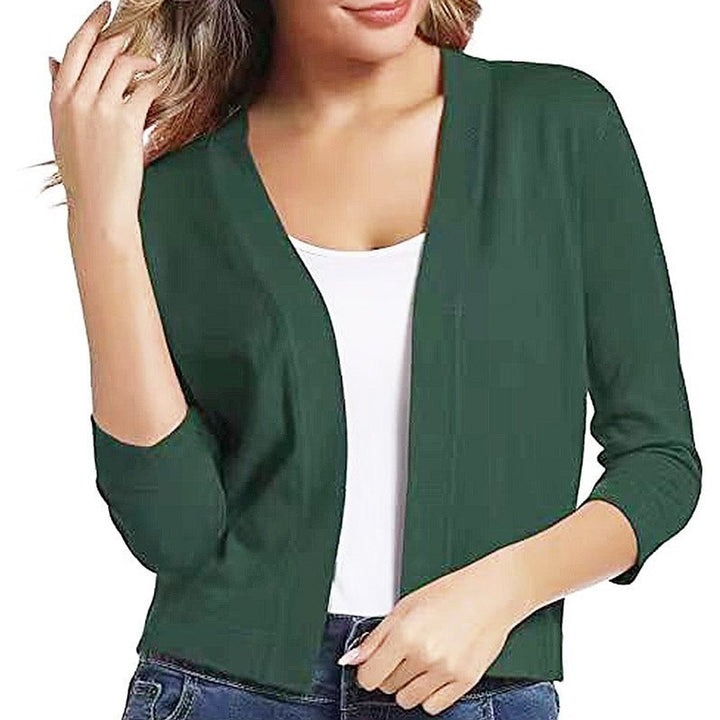 All-season women's open-front cropped cardigan, three-quarter sleeves, highly versatile.