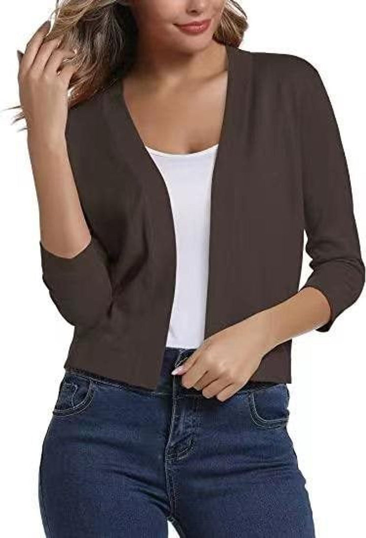 Soft knit women's cropped cardigan, 3/4 sleeve, open front, for stylish spring layering.