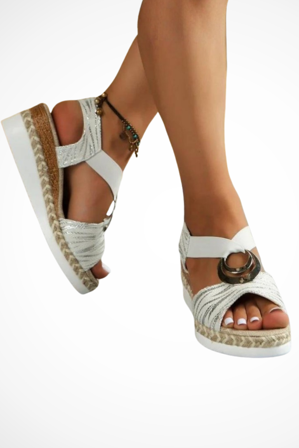 Stylish casual women's summer wedge sandals with an open toe and chic metallic ring detail.