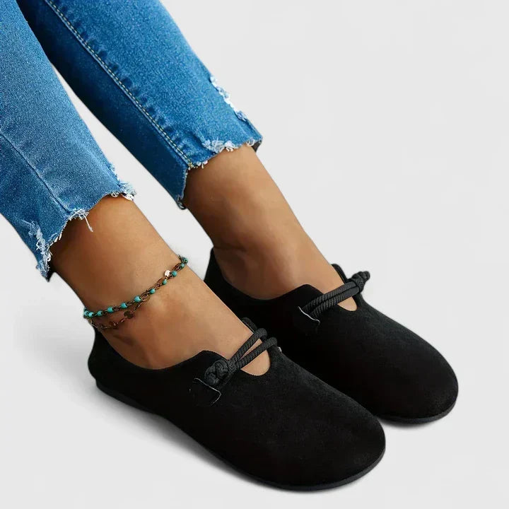 Black orthopaedic comfort lace loafers for women, ensuring all-day support & versatile casual style.