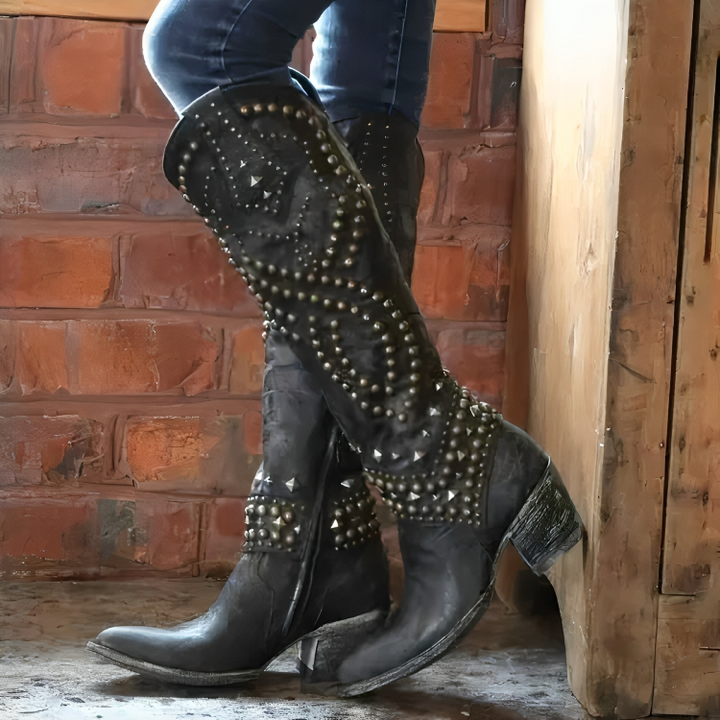 Orthopaedic knee-high boots for women, featuring a chic pointed toe, sturdy block heel, and convenient side zipper.