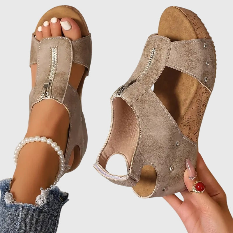 Beige women's orthopaedic sandals with arch support, offering comfort & pain relief. Perfect for summer casual wear.
