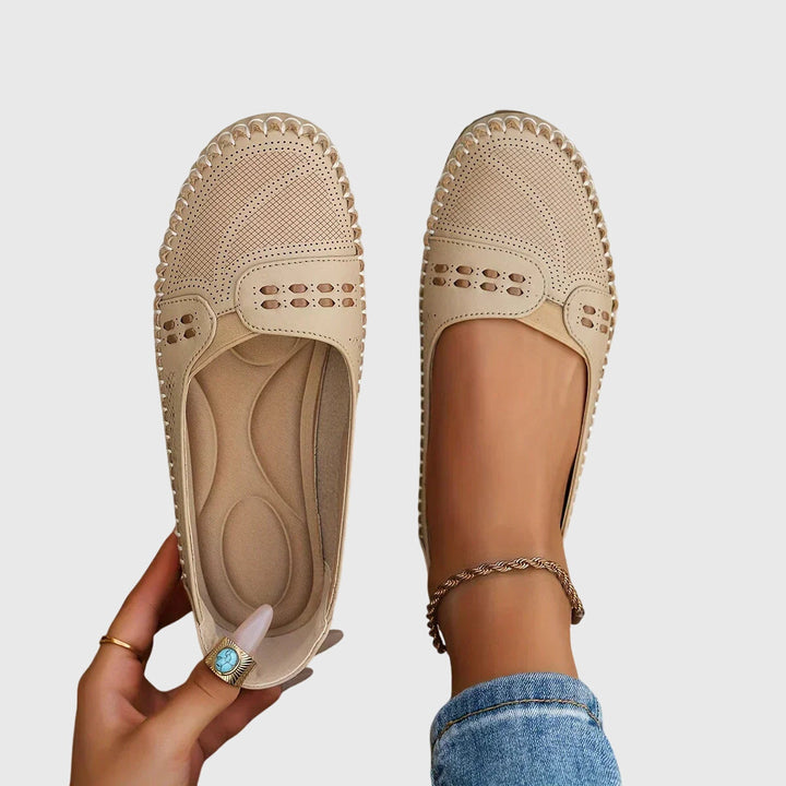Women's orthopaedic slip-on loafers, tan, offering arch support & all-day comfort for walking.