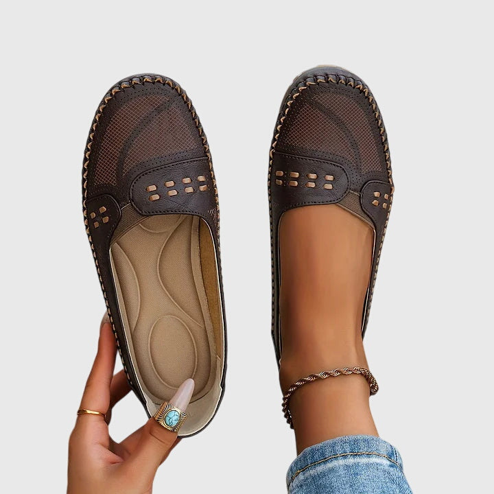 Close-up of soft leather women's orthopaedic loafers, designed for foot health & versatile style.