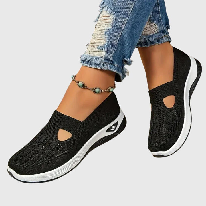 Close-up of women's comfort shoes showing orthopaedic insole for superior arch support & pain relief.