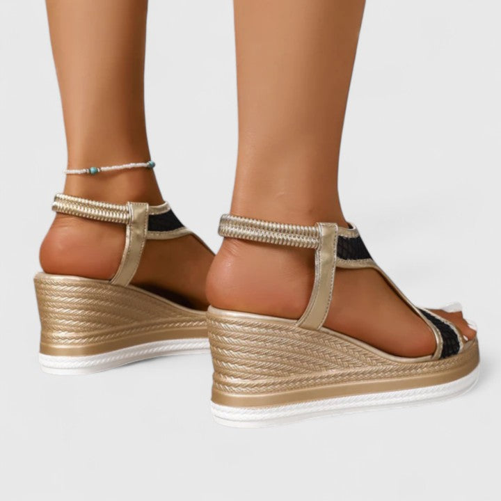 Beige comfortable orthopaedic wedge sandals with arch support for women's summer style.