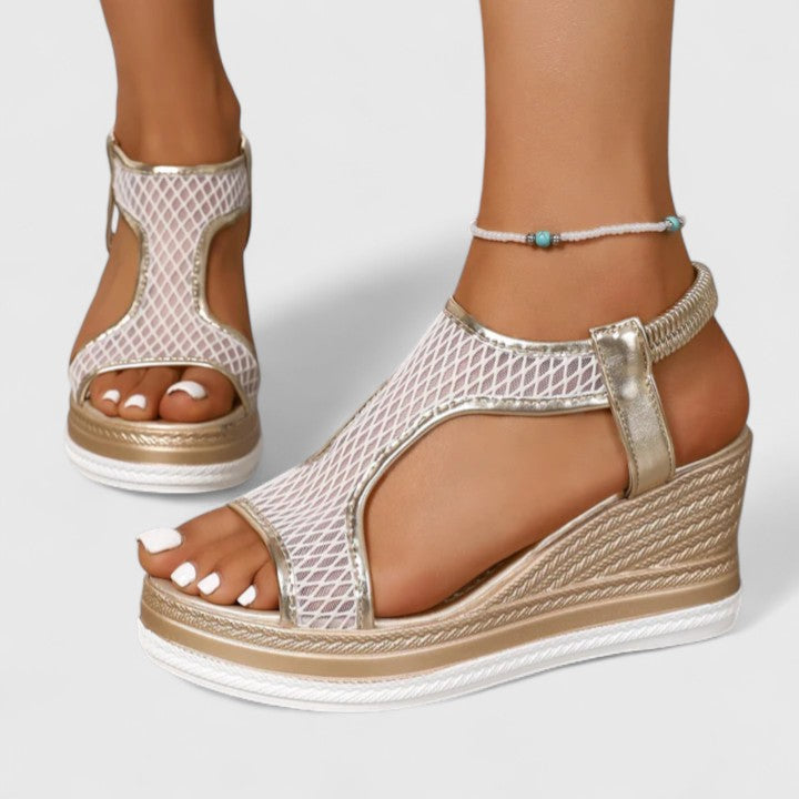 Stylish beige women's orthopaedic wedge sandals, perfect for casual summer comfort.