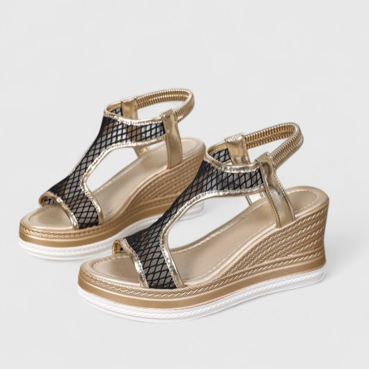 Beige women's orthopaedic wedge sandals with arch support, for stylish and comfortable wear.