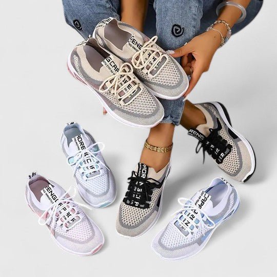 Stylish multi-color orthopedic women's trainers with breathable upper and arch support for walks.
