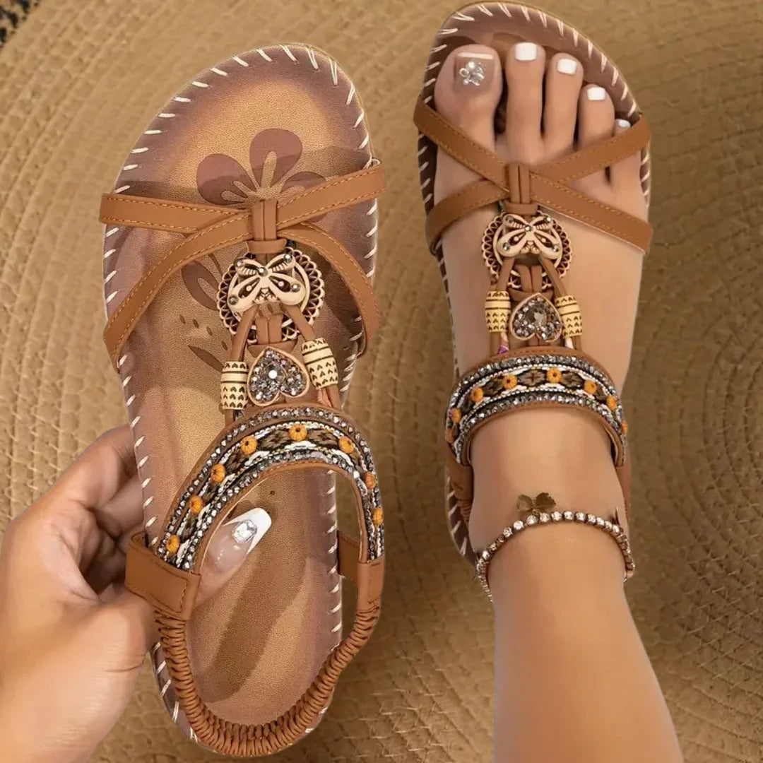 Elegant women's beaded T-strap bohemian sandals, providing orthopedic comfort & arch support for summer.