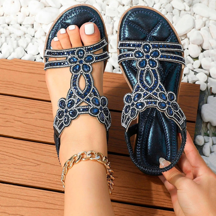 Boho embellished flat sandals for women, providing orthopedic posture support & foot pain relief.