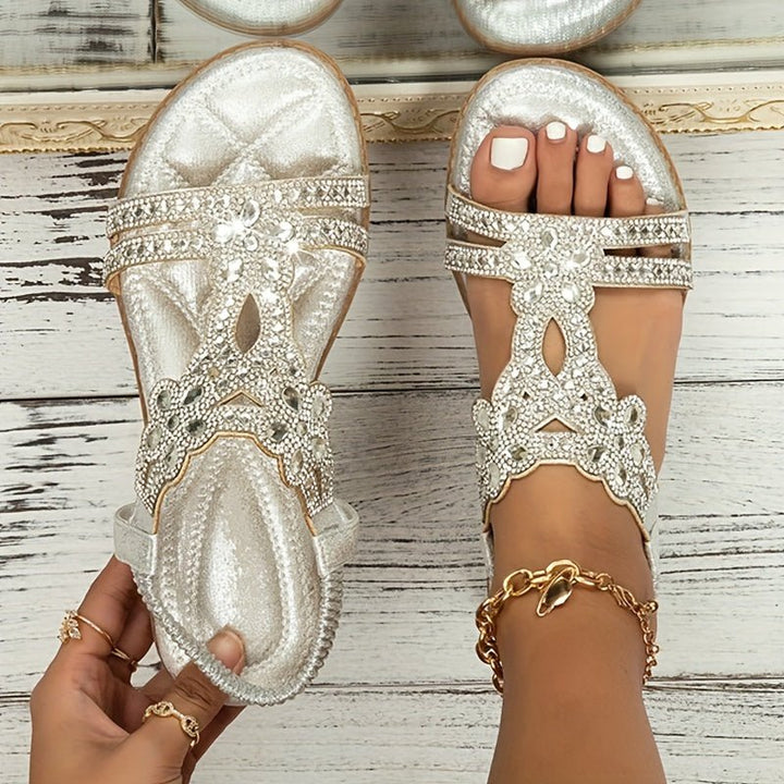 Rhinestone & beaded women's flat sandals, orthopedic for comfort footwear, perfect holiday shoes.