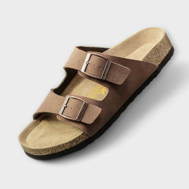 Close-up of women's comfort sandals highlighting ergonomic arch support for all-day walking.