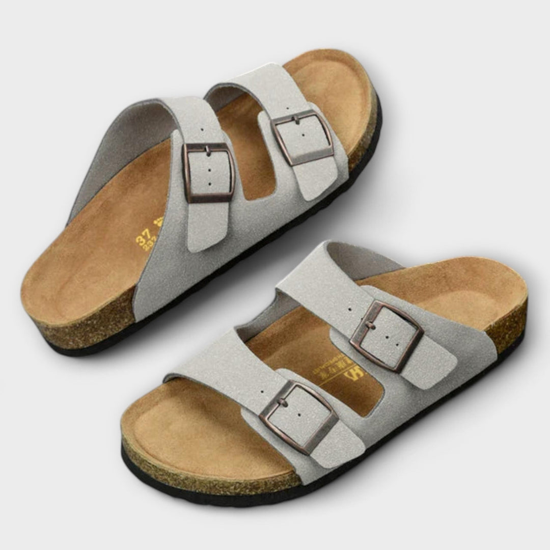 Side view of adjustable women's summer sandals, designed for orthopedic comfort & durable outdoor wear.