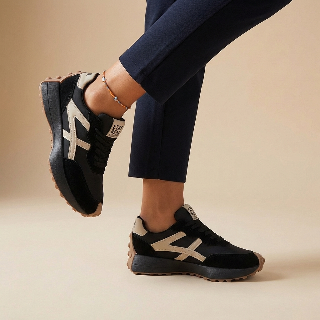 Women's orthopedic contrast panel lace-up sneakers, ideal for comfortable everyday wear and walking.
