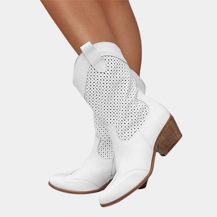 Women's orthopedic cowboy boots, mid-calf western style, block heel for all-day comfort.