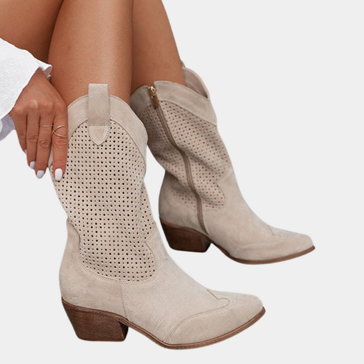 Women's comfortable orthopedic cowboy boots for daily wear, western style mid-calf with stable block heel.