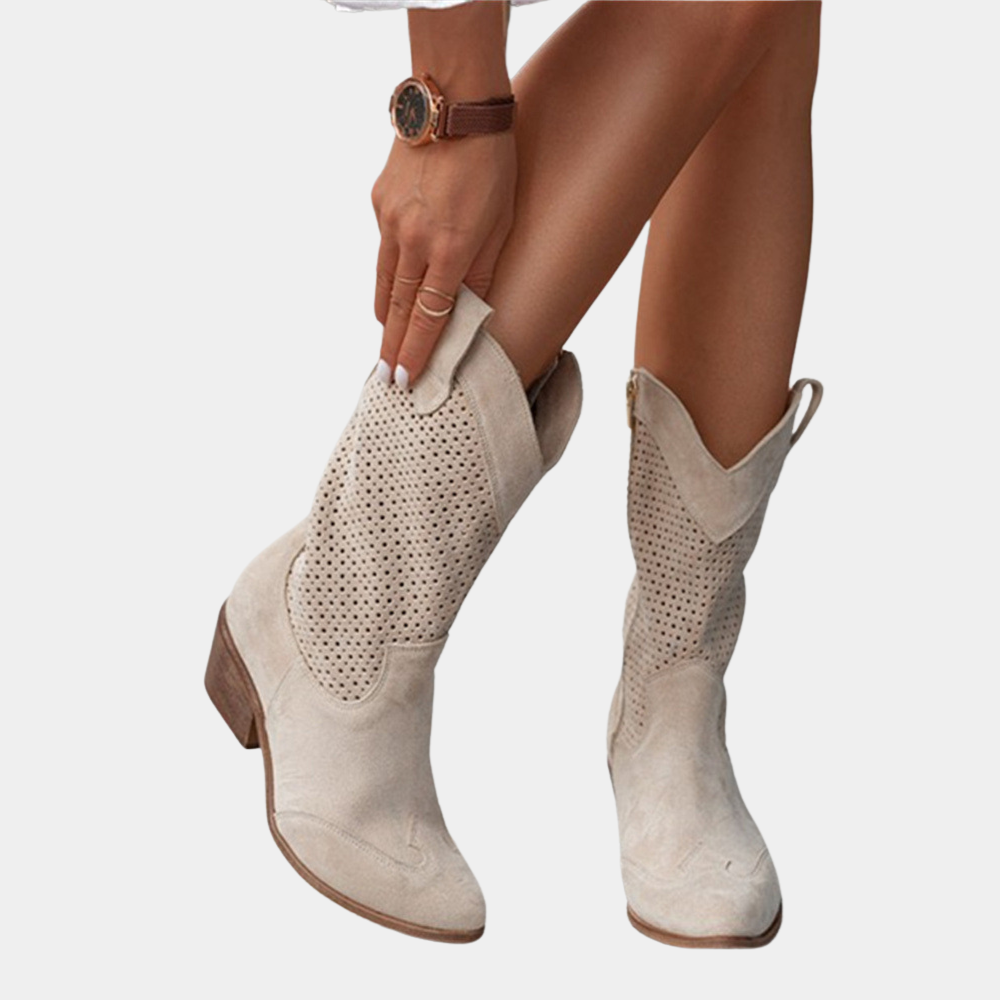 Elegant women's orthopedic western boots, mid-calf cowboy design with perforated details & comfortable block heel.