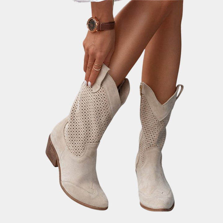 Elegant women's orthopedic western boots, mid-calf cowboy design with perforated details & comfortable block heel.