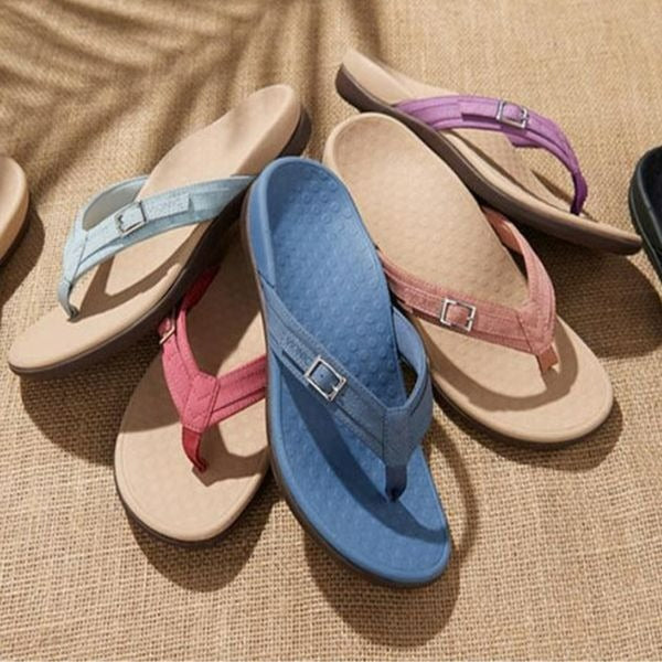 Women's orthopedic flip-flops with arch support for comfortable daily wear and foot relief.