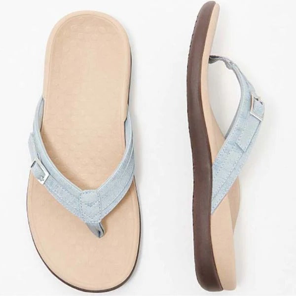 Synthetic slip-on women's footwear with orthopedic arch support, ideal for summer comfort.