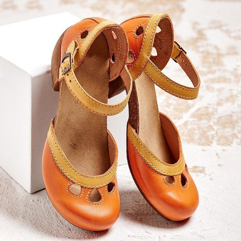 Red casual Mary Jane block heel shoes for women, providing orthopedic foot support & healthy comfort.