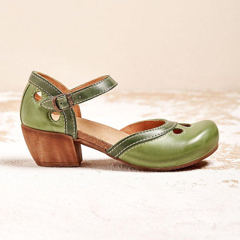 Green women's comfort Mary Jane block heel shoes with ankle strap, perfect for casual or stylish wear.