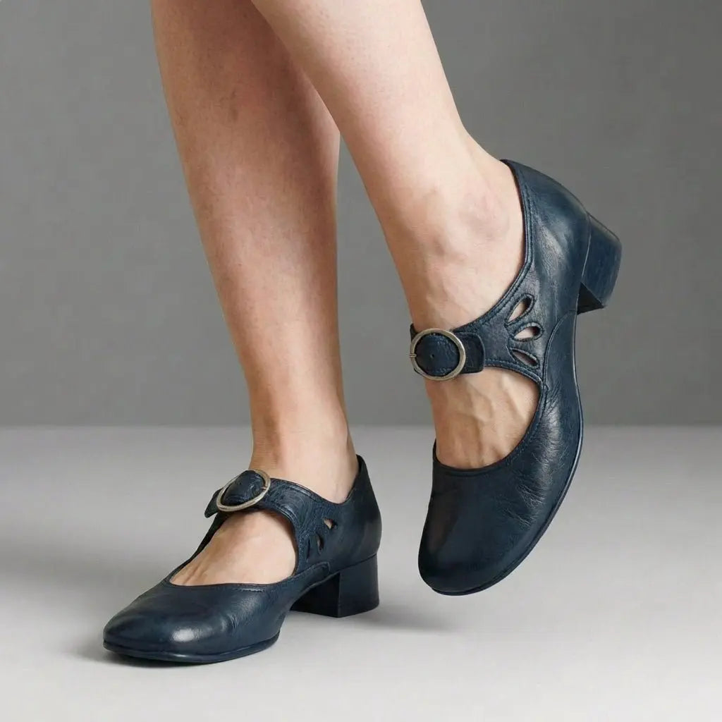 Classic women's orthopedic Mary Jane shoes, block heel, round toe & buckle strap for stylish foot health.