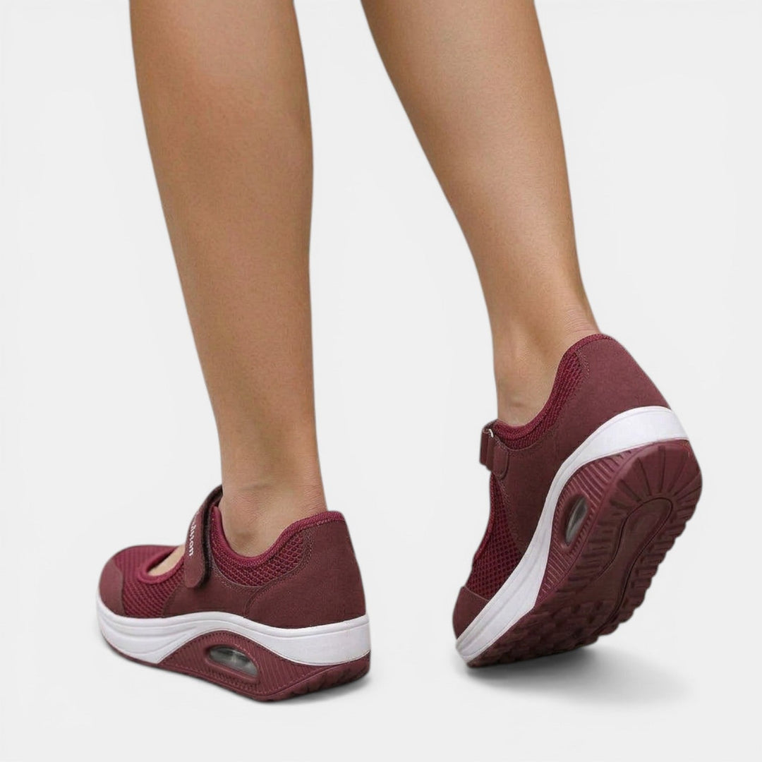 Side view: Women's Mary Jane orthopedic walking shoes, showcasing the adjustable strap for a custom fit.