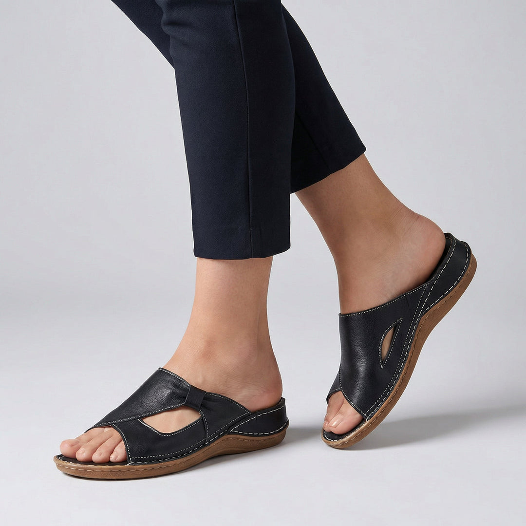 Women's orthopedic open-toe comfort slide sandals. Ideal supportive footwear for casual summer daily wear and walking.