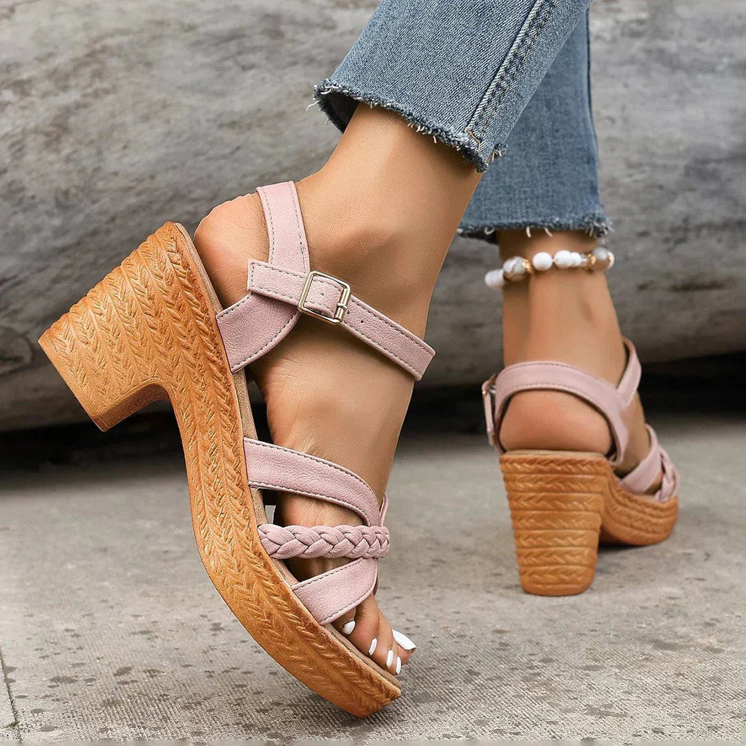 Women's orthopedic platform sandals with block heel, adjustable strap, and arch support.