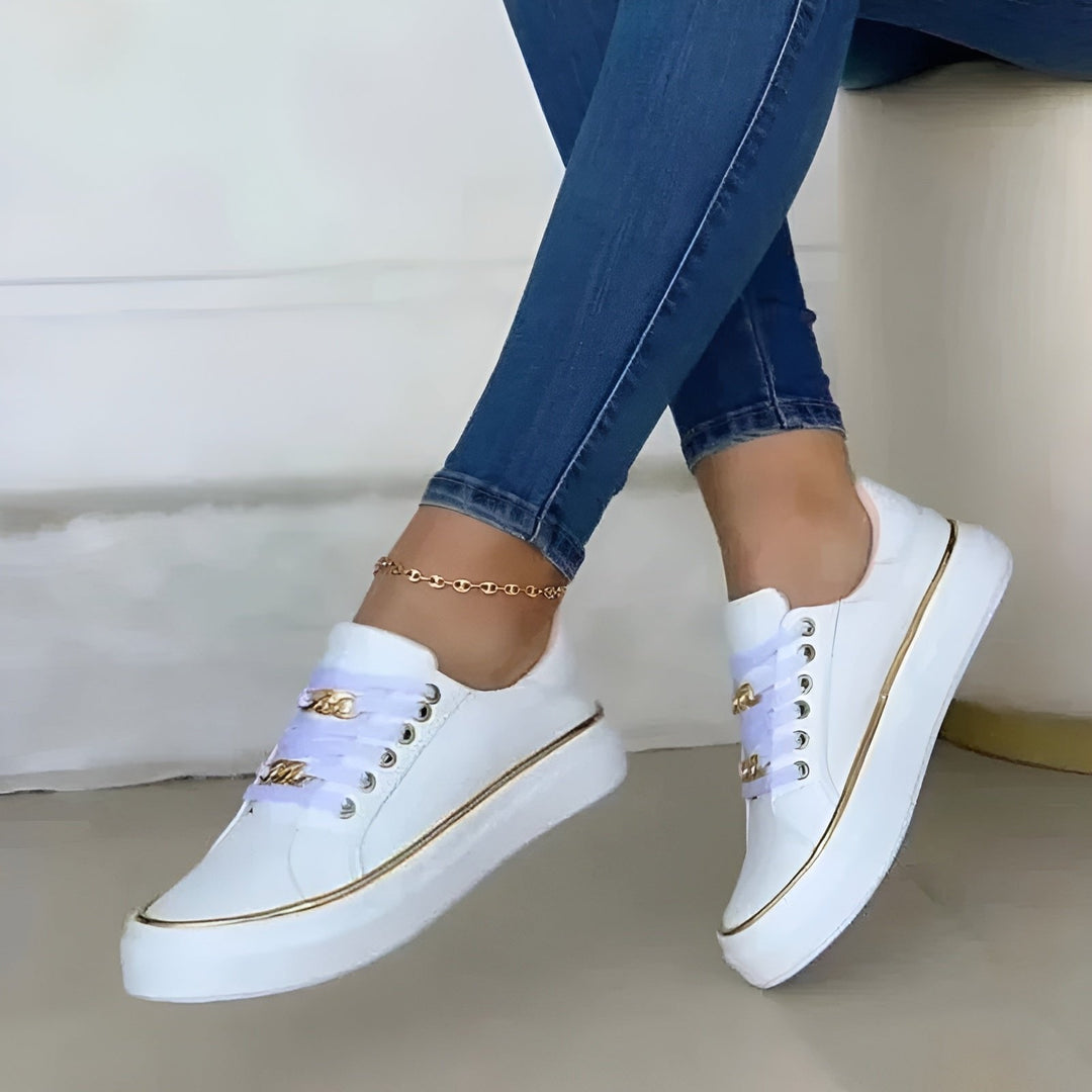 Women's orthopedic platform trainers, featuring elegant gold accents & a classic lace-up design. Great casual footwear.