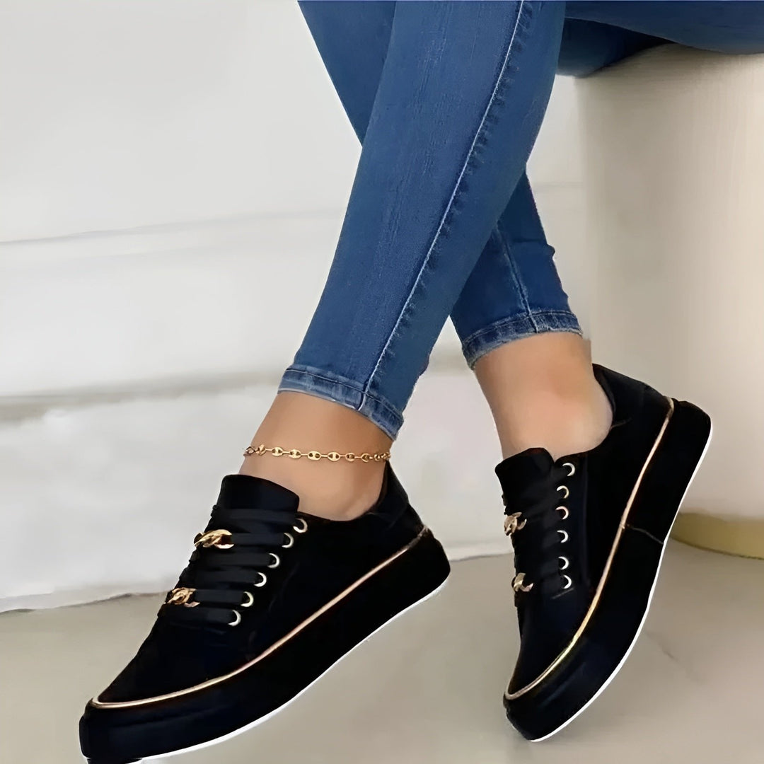 Gold-accent women's platform lace-up trainers. Orthopedic fashion sneakers designed for comfortable, everyday wear.