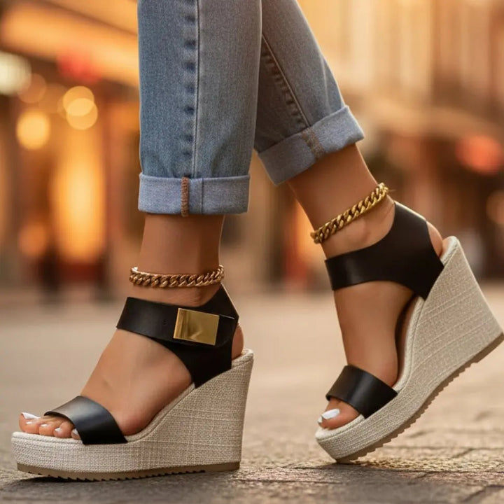 Supportive orthopedic platform wedge sandals for women, featuring a secure ankle strap for all-day comfort.