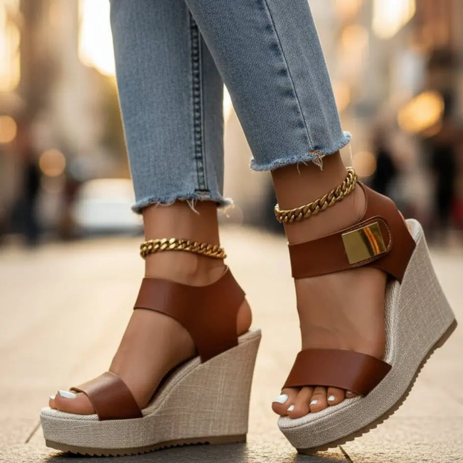 Comfortable women's orthopedic platform wedge sandals with ankle strap, offering stability & style.