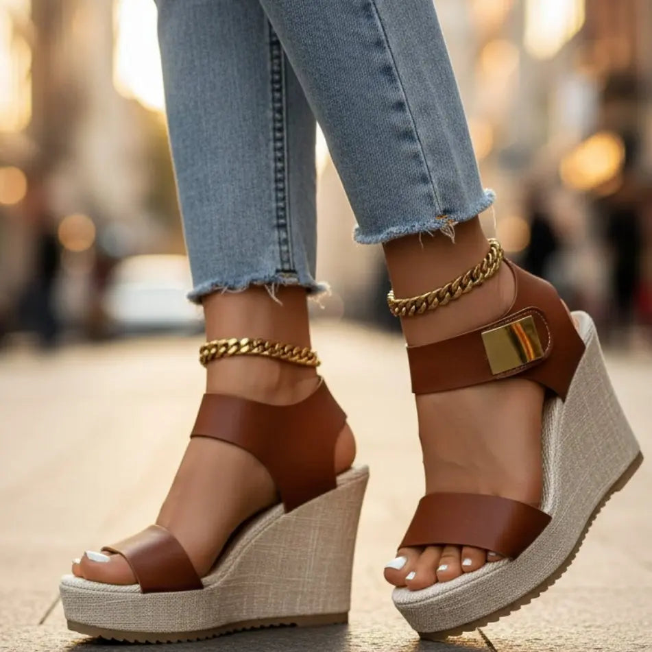 Fashionable women's orthopedic platform wedge sandals, providing comfortable height with secure ankle strap.