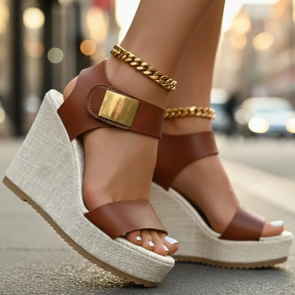 Elevated women's platform wedge sandals with an orthopedic design & ankle strap for supportive footwear.